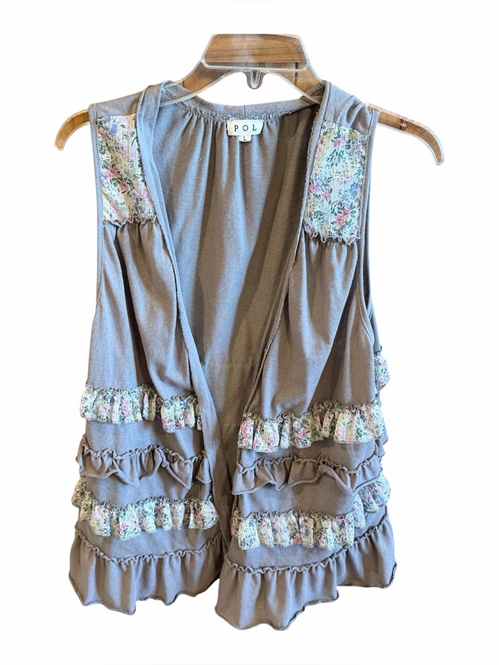 POL Gray Floral Ruffle Vest Cardigan